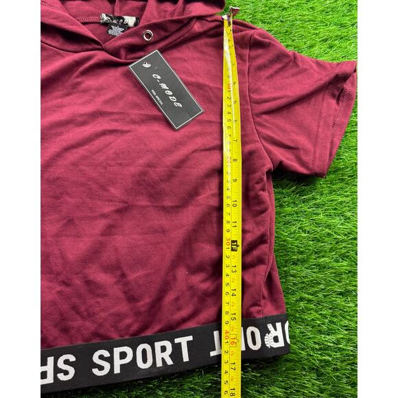 C-Mode Women’s Crop Hoodie Top L Burgundy Short Sleeve Sport Hem NWT Activewear - Picture 5 of 7